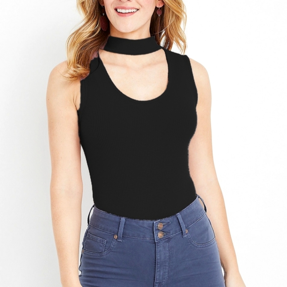 Ribbed Sleeveless Open Neckline Turtleneck Bodysuit - Black - NWT
